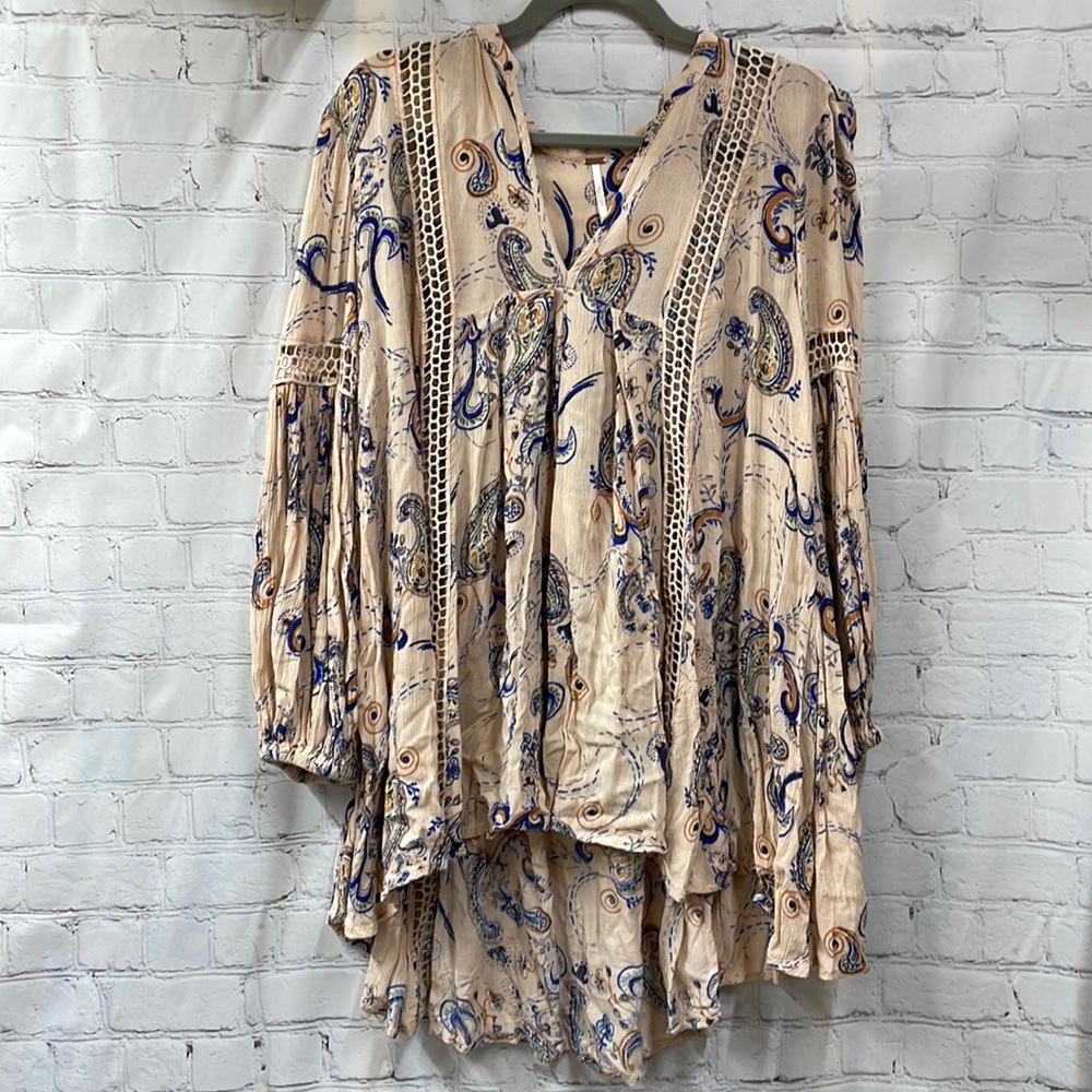Free People tunic top dress oversized XS open lace detail peach color